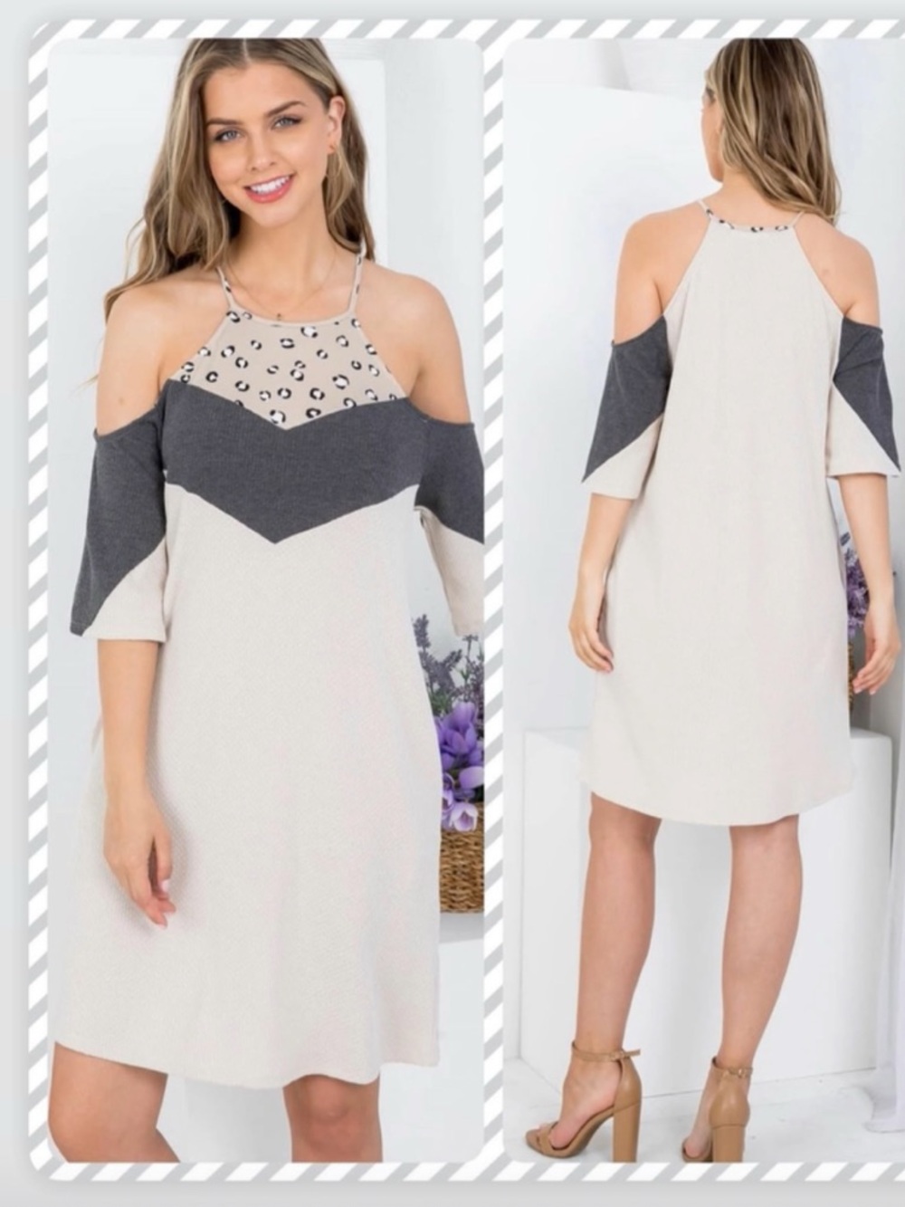 Cold-Shoulder Contrast Panel Dress in Cream and Charcoal